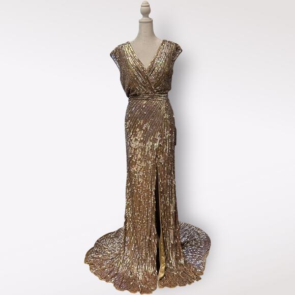 Mac Duggal Gold Fully Sequined Deep V Neck Long Gown Dress‎ Train NWT Size 0 - Picture 1 of 12